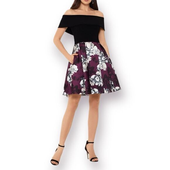 Betsy & Adam Formal Dress Off the Shoulder Fit and Flare Black Burgundy 2 - Picture 3 of 12